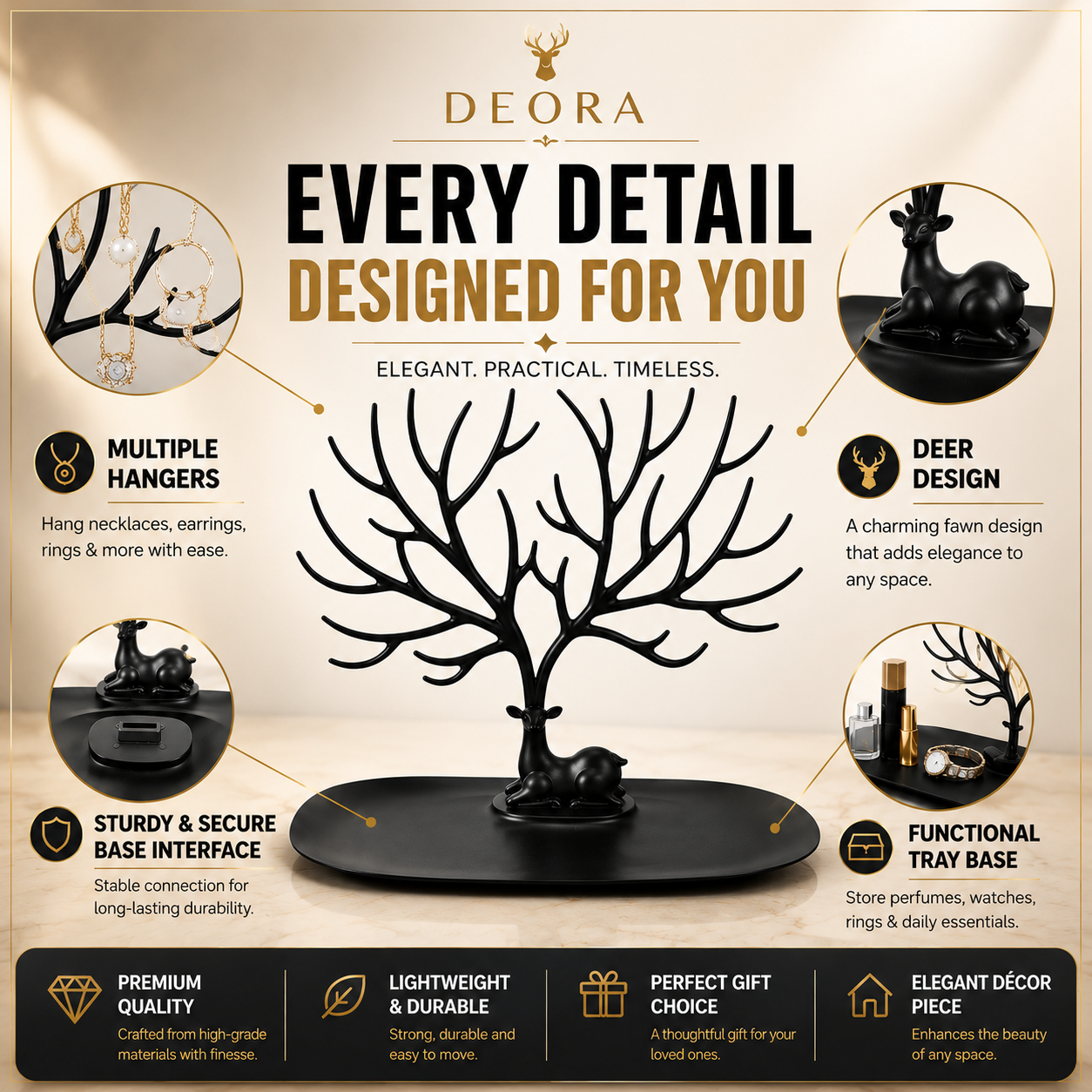 Deora™ | Elegant Deer Jewelry Organizer & Vanity Tray