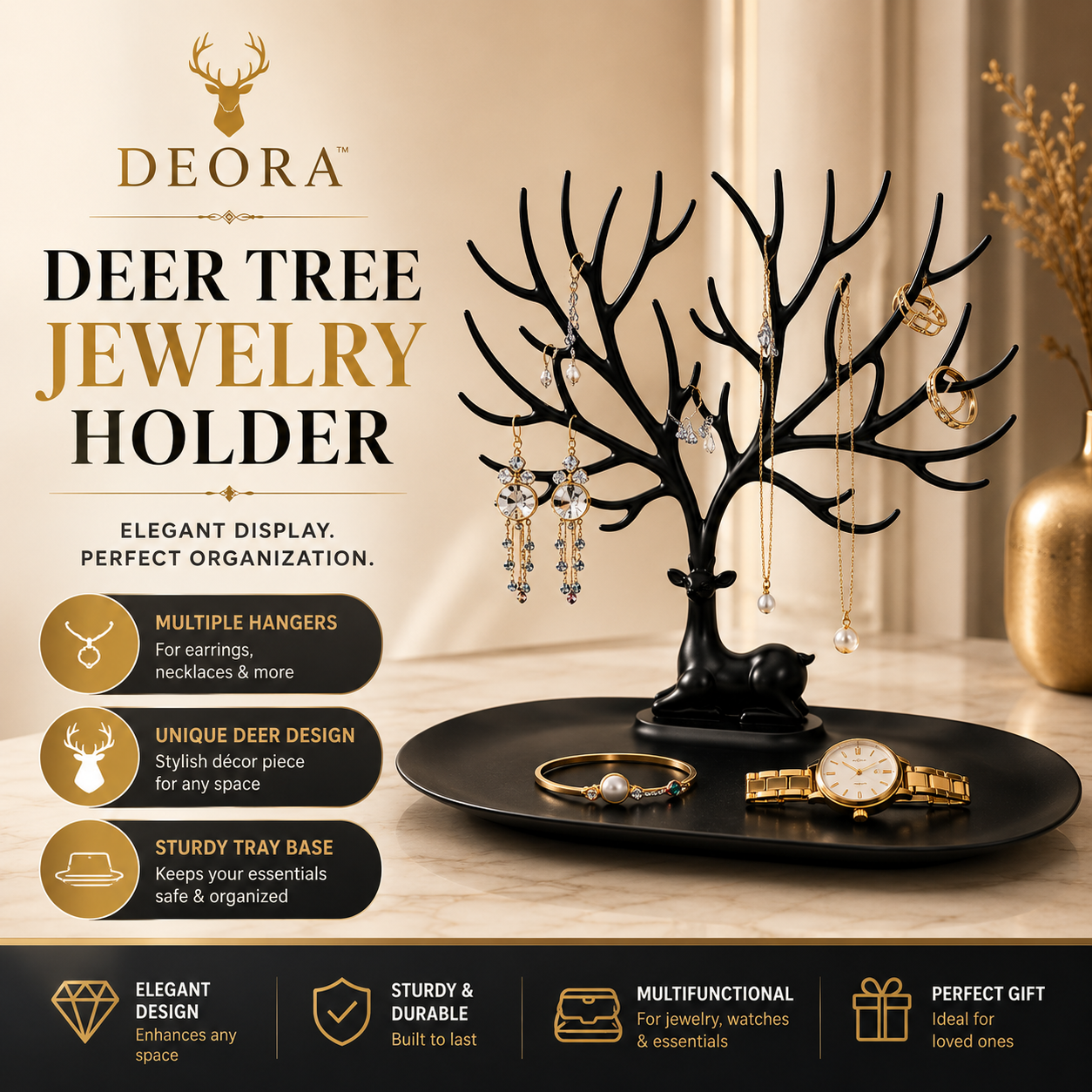 Deora™ | Elegant Deer Jewelry Organizer & Vanity Tray