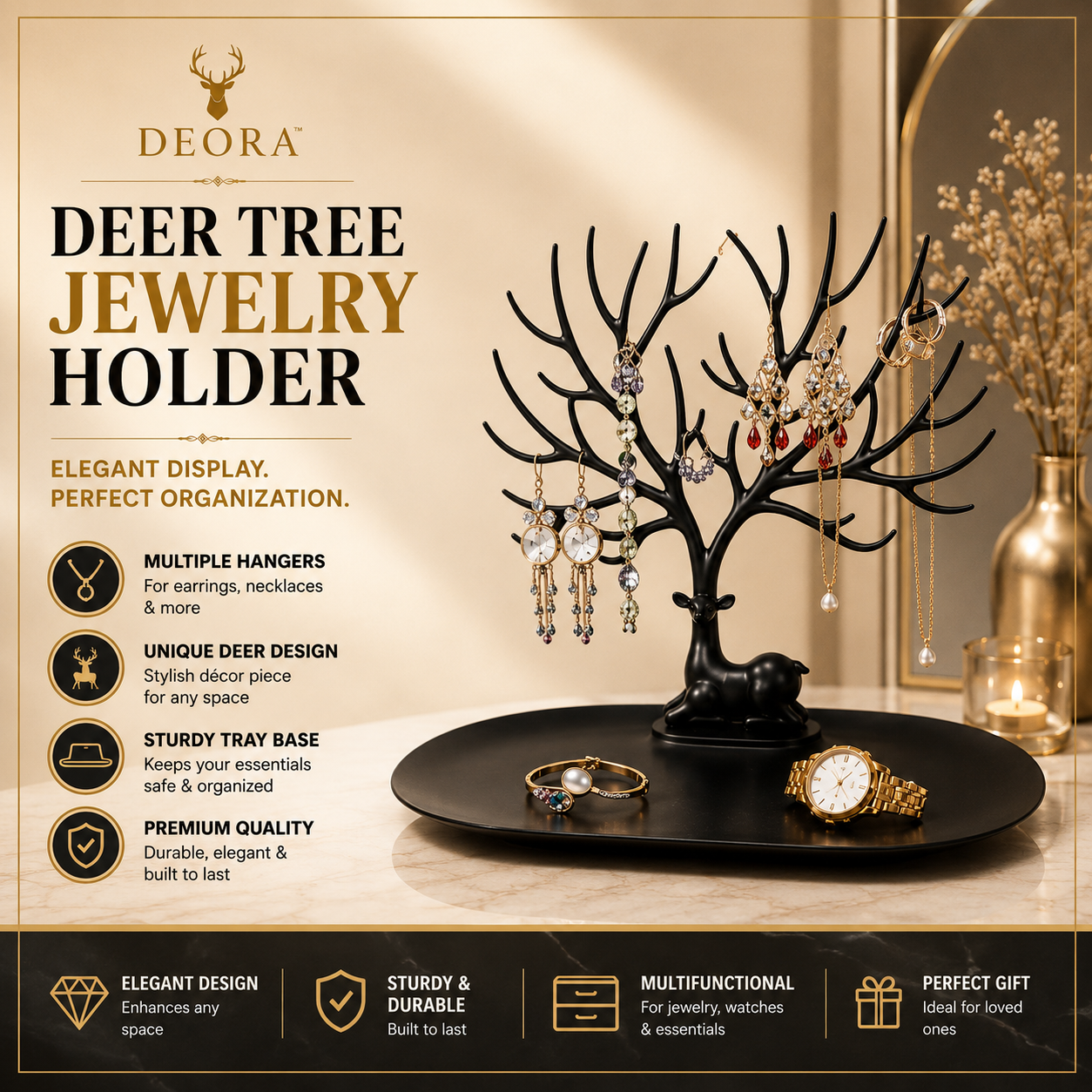 Deora™ | Elegant Deer Jewelry Organizer & Vanity Tray