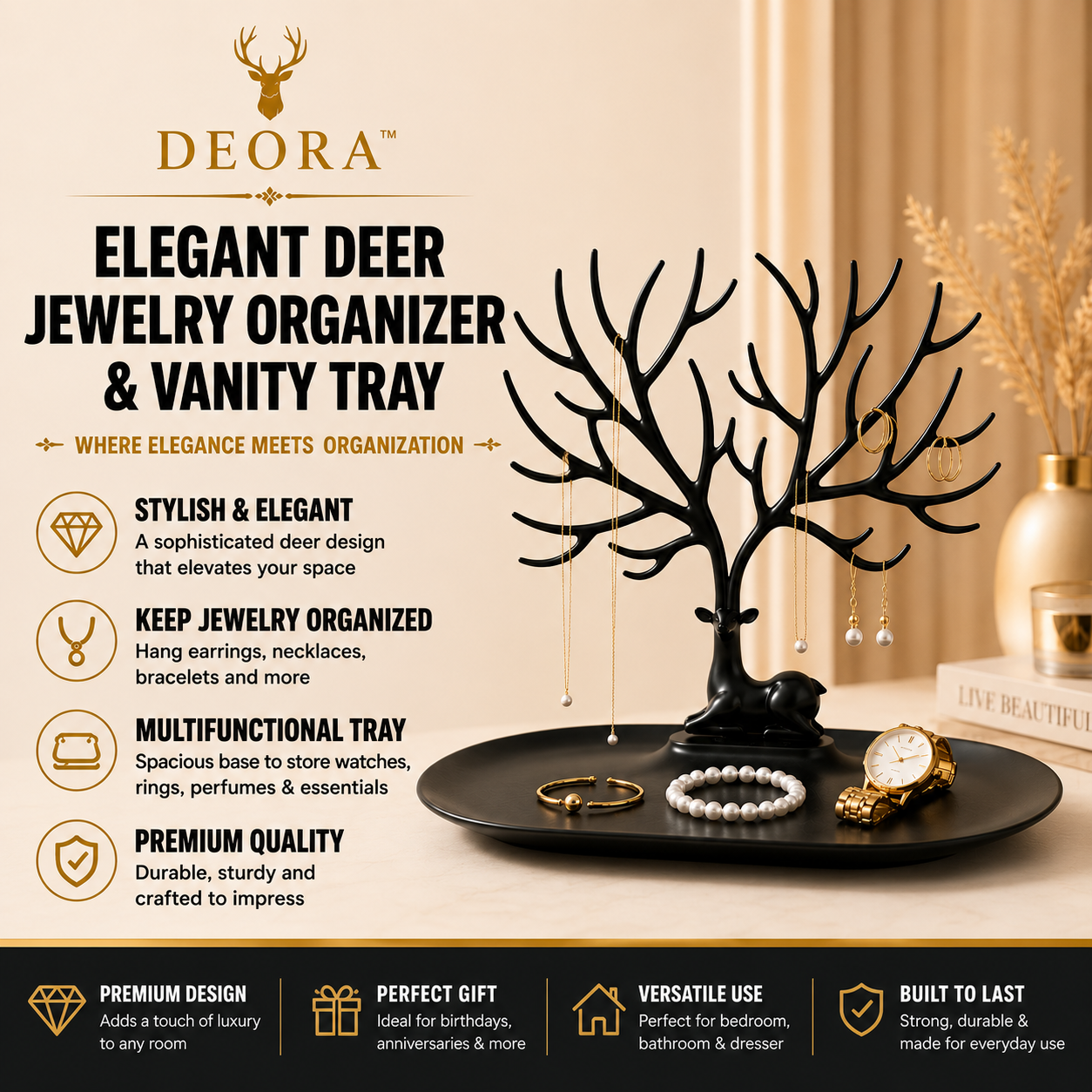 Deora™ | Elegant Deer Jewelry Organizer & Vanity Tray