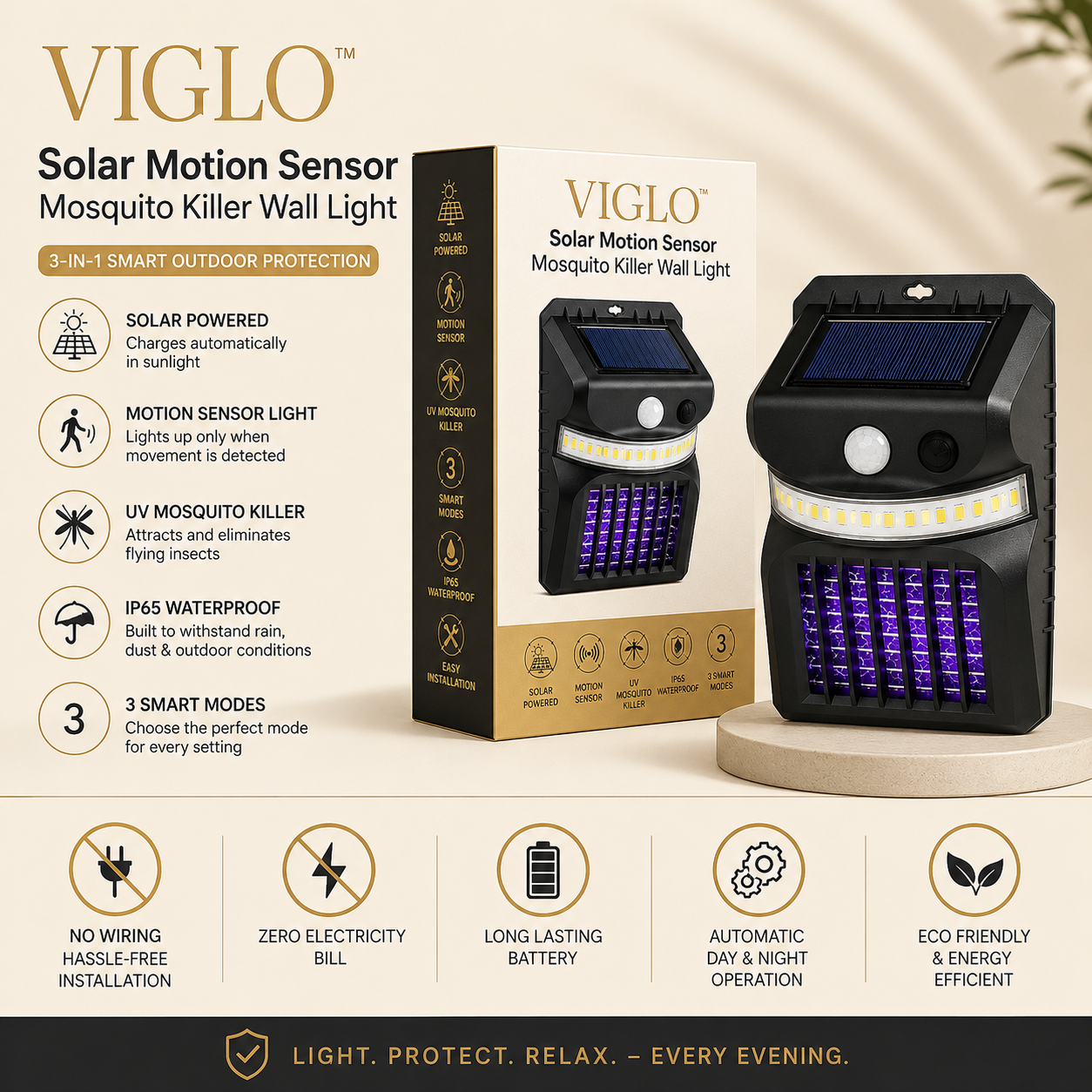 VIGLO™ | Solar Motion Sensor Mosquito Killer Wall Light